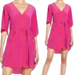 BCBGMaxazria Fuscia & Red Trim Silk V-Neck Tie Front Dress Size Small